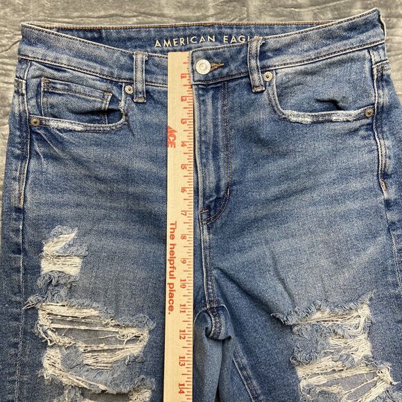 American Eagle Stretch Distressed Mom Jeans Women's Size 8R Blue - Picture 4 of 13